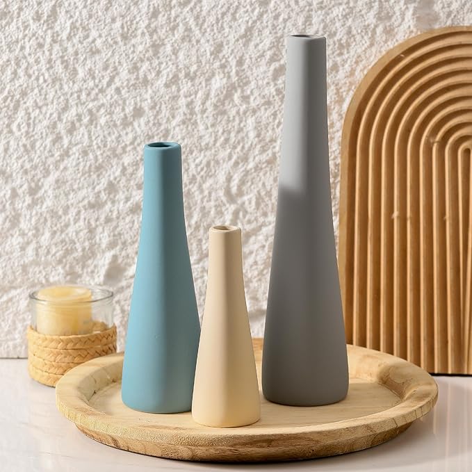 Ceramic Vase Set of 3, Modern Farmhouse Vases Neutral Pottery Vase Pampas Grass Flower Vases for Home Decoration Room Decor Table Living Room Centerpieces Mantel Decor - Blue