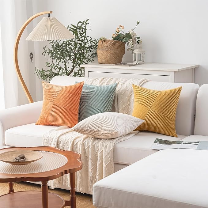 Decorative Throw Pillow Covers 18x18 Inch Set of 4 for Boho Living Room Farmhouse Home Decor, Spring Pillow Covers for Couch Bed, Soft Corduroy Striped Patchwork Cushion Cases, Warm Colors