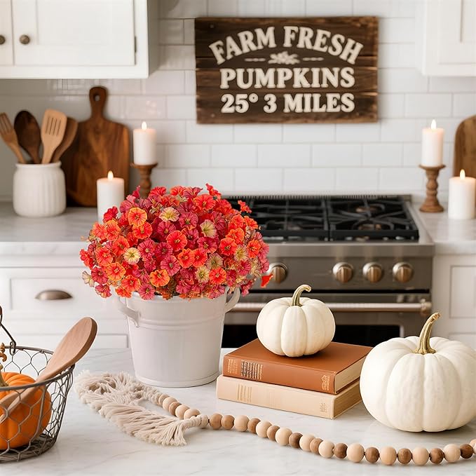 Fall Artificial Flowers for Decoration, 12 Bundles Fake Autumn Flower Plants Petunias, Faux Silk Morning Glory Eucalyptus for Planter Garden Porch Front Door Window Box, Red Orange