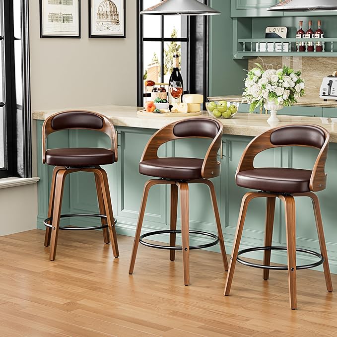 Bar Stools Set of 1, 26" Counter Height Barstools with Bentwood Legs, Swivel Counter Stools with Back, Mid Century Modern Faux Leather Upholstered Bar Chairs for Kitchen Island, Brown