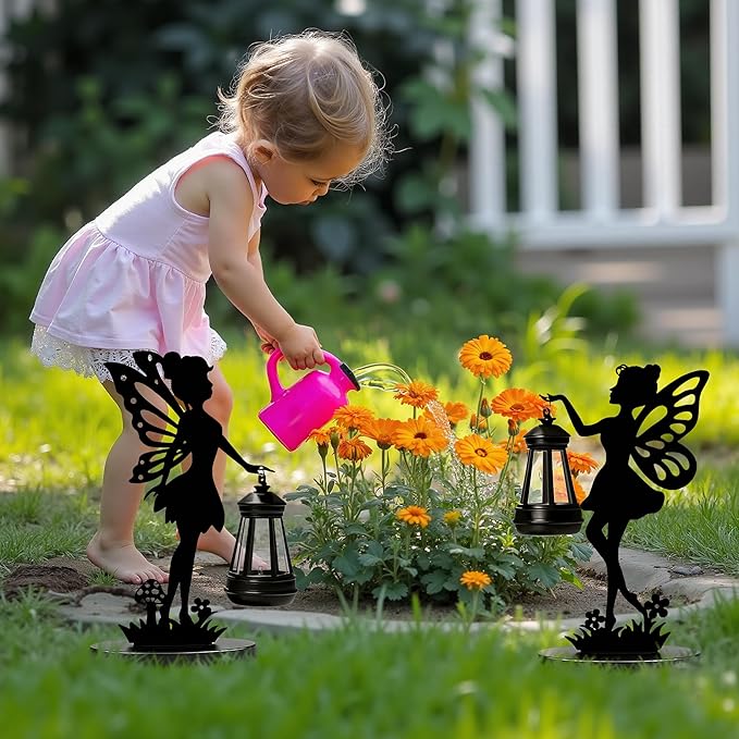 Solar Garden Statues Outdoor Decor, 2 Pack Fairy Garden Accessories, Housewarming Ornament Gift for Women Mom Grandma, Metal Decorative Figurine Light for Patio, Lawn, Yard, Pathway
