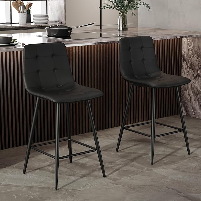 Black Bar Stools Set of 4,Faux Leather Counter Height Bar Stools,Modern 24.6" Bar Chairs with Back Metal Footrest,Counter Stool with Back and Footrest for Kitchen Island Restaurants Pubs