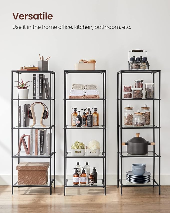 VASAGLE Bookcase, 5-Tier Bookshelf, Slim Shelving Unit for Bedroom, Bathroom, Home Office, Tempered Glass, Steel Frame, Ink Black ULGT029B61