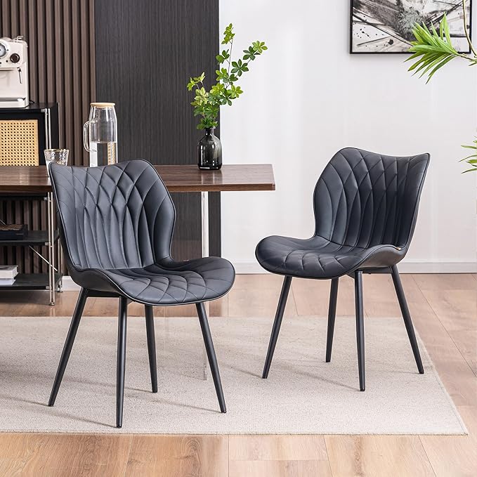 YOUNIKE Dining Chairs Set of 2, Upholstered Faux Leather Kitchen & Dining Room Chairs, Modern Living Room Bedroom Side Chairs with Wide Wing Back and Adjustable Metal Legs, Black
