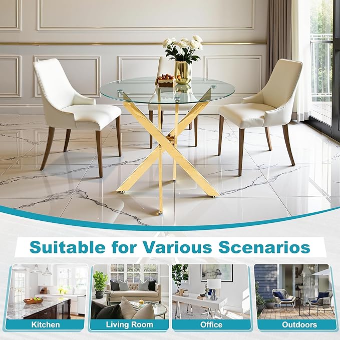 Dining Table for 4 Modern Round Dining Table 35.43" Kitchen & Dining Room Tables with Metal Legs and Glass Tabletop for Dining Room and Apartment, Gold