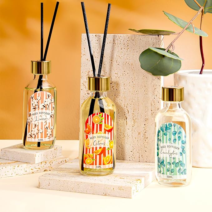 3 Pack Reed Diffuser Set, Linen Eucalyptus Citrus Scented Oil Reed Diffusers for Home, Bathroom, Office Decor, Aromatherapy Diffuser with 15 Sticks, 1.7 Fl. Oz Each, Total 5.1 Fl. Oz