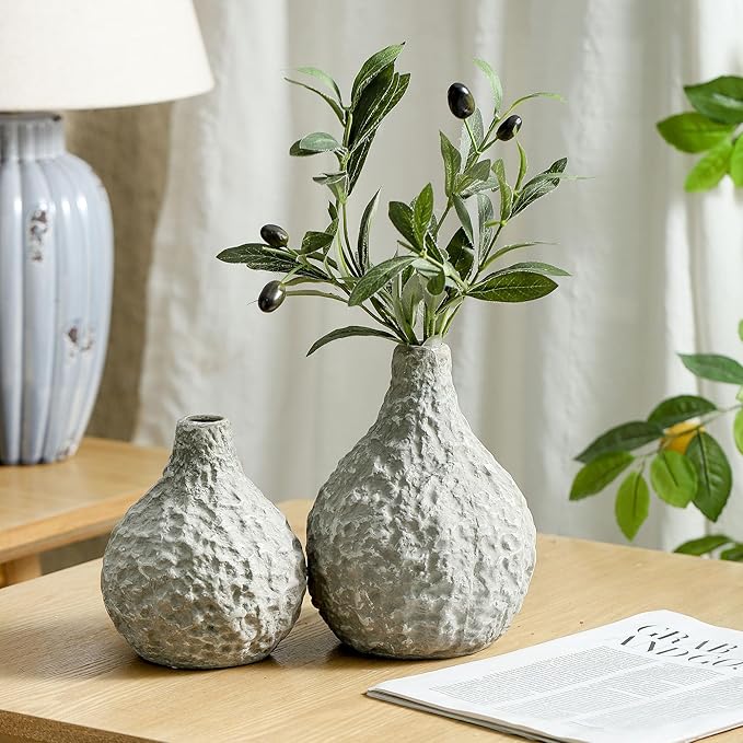 Stone Vases,Ceramic Bud Vase Set of 2,Minimalist Vases for Pampas Grass,Modern Vase for Wabi Sabi Home Decor, Shelf Decoration,Fireplace Decor,Coffee Table Decor