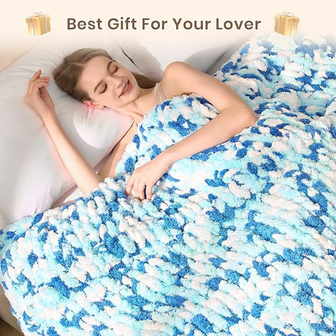 L'AGRATY Chunky Knit Blanket Throw: 60''x80'' Chenille Chunky Knitted Throw Blankets for Twin Bed Couch - Handmade Thick Cable Knit Blanket - Large Crochet Rope Blankets for Home Decor