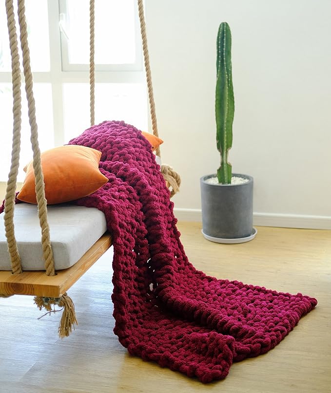 clootess Chunky Knit Blanket Chenille Throw - Warm Soft Cozy for Sofa Bed Boho Home Decor (Red 40x60 in)