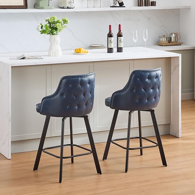 Bar Stools Set of 2, 26" Swivel Counter Height Bar stools with High Back, Faux Leather Kitchen Barstools Counter Height for Kitchen Island (Navy Blue, 2PCS 26" Counter Stools)
