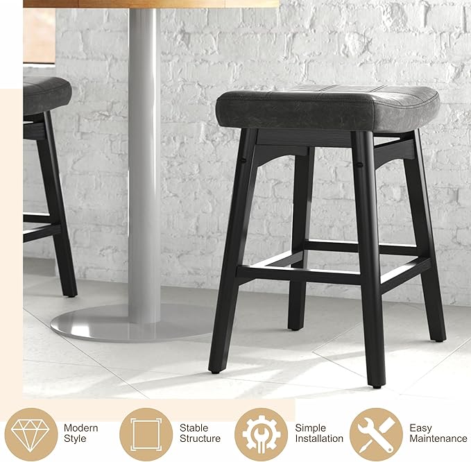 PHI VILLA Counter Height Bar Stools Set of 4 - Farmhouse Barstools with Upholstered Saddle Seat and Solid Wood Legs, Kitchen Counter Island Stools