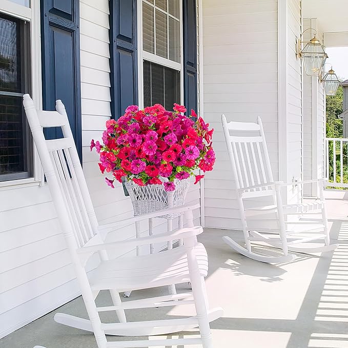 Artificial Flowers for Outdoors, 10 Bundles Fake Plastic Flower Plant, Faux Colorful Silk Morning Glory Eucalyptus for Spring Summer Outside Garden Porch Front Door Decor, Rose Purple