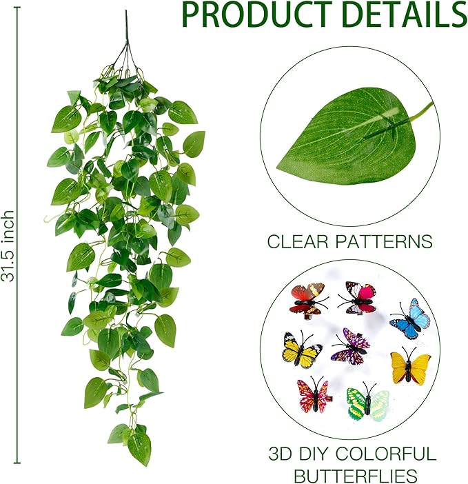 Sggvecsy Fake Hanging Plants 4 Pcs Artificial Hanging Plants Fake Ivy Vine Faux Pothos Vines Artificial Ivy Leaves Greenery Plant for Room Patio Home Indoor Outdoor Shelf Wall Garden Decor(No Baskets)