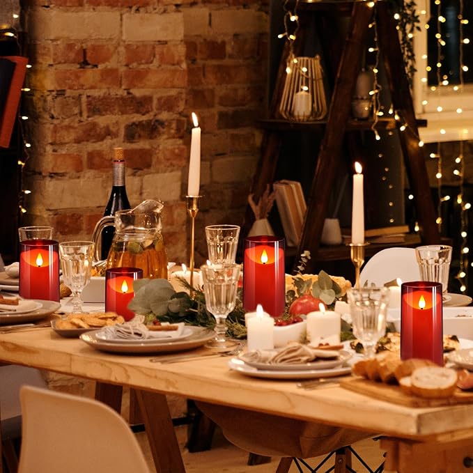 NURADA Flameless Candles with Remote Timer: 3D Wick Battery Operated Led Pillar Fake Candle Set for Wedding Birthday Christmas Decorations - Red 2 Pack