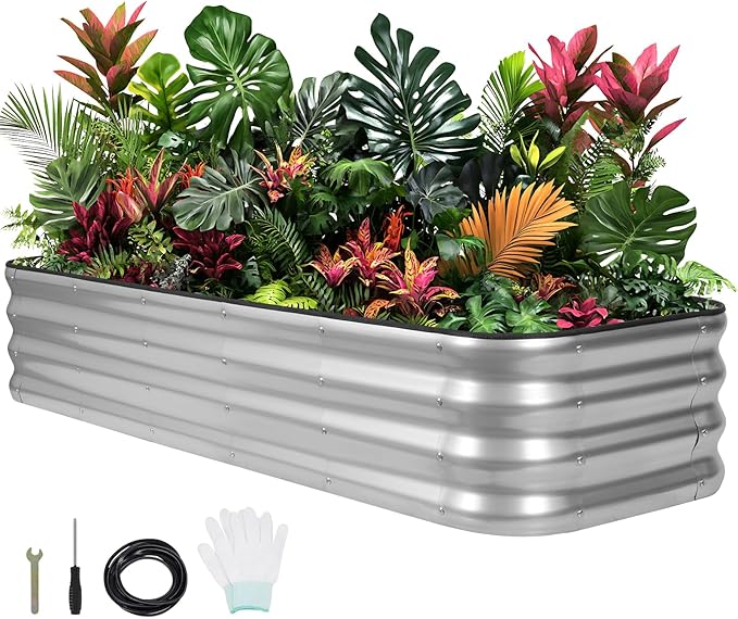 1MORE Raised Garden Bed -5X3X1 Galvanized Planter Box for Outdoor Gardening,4 in 1 Modular Raised Bed Kit with Protective Tape, Gloves for Herb,Ideal for Vegetables and Plants.sliver-1Pcs