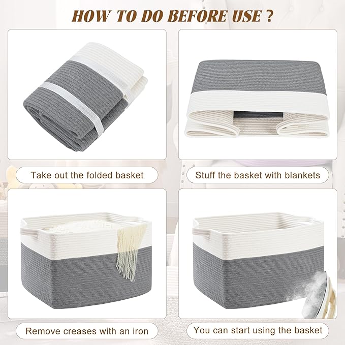 Large Blanket Basket, 100 L Rectangle Storage Baskets for Organizing, Woven Laundry Basket for Blankets, Cotton rope Blanket Storage for Living Room, Nursery Room, Gray
