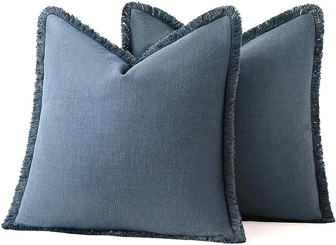 MIULEE Decorative Throw Pillow Covers Neutral Linen Fringe Throw Pillows Set of 2 Blue Ashes Boho Farmhouse Cushion Covers with Tassels for Couch Sofa Bed Home Decor 18x18 Inch