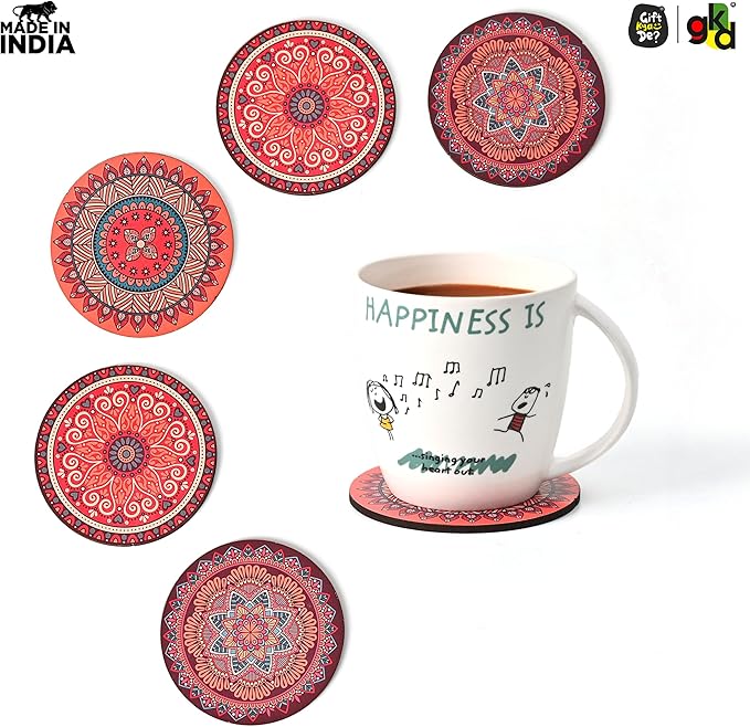 GKD Wooden Coasters for Drinks, Coasters Set of 6 with Holder, 3.5 inches Eco-Friendly Absorbent Coaster for Coffee Table, Bar, Drinking Glasses, Tabletop Protection (1, Rangoli)