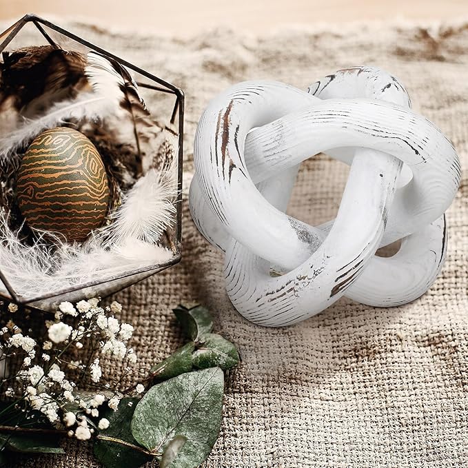 3 Link Wood Knot Decor - Hand Carved Coffee Table Decoration, Boho Chain Link Decor, Modern Shelf, Rustic Objects for Home Living Room Bedroom(Retro White)