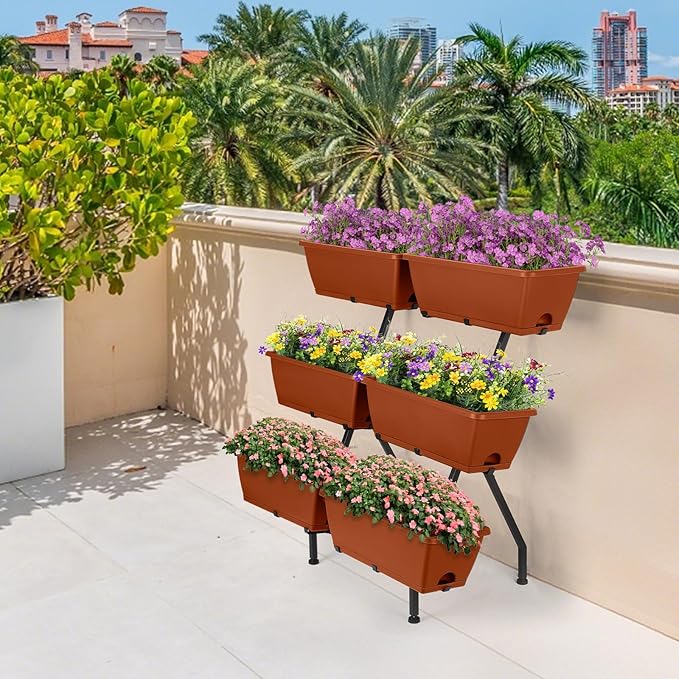 HEOMU 3 Tier Vertical Garden Planter with 6 Boxes, Vertical Raised Garden Bed with Adjustable Feet Pads, Raised Planter for Herb Flower Vegetable Plants in Patio Balcony Deck Indoor Outdoor, Brick Red