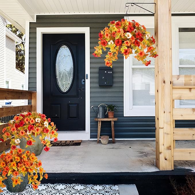 Artificial Fake Fall Flowers with Hanging Basket Plants for Outdoor Autumn Decoration,Silk Faux Flower UV Resistant Petunias for Home Porch Patio Garden Balcony Yard Decor Real Looking(Orange White)
