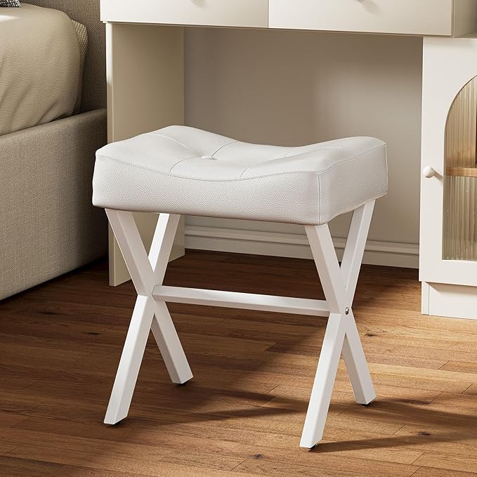 18-Inch Leather Vanity Stool Chair, Vanity Bench with Metal X-Leg, Ottoman Accent Stool with Thick Padded Saddle Seat, White