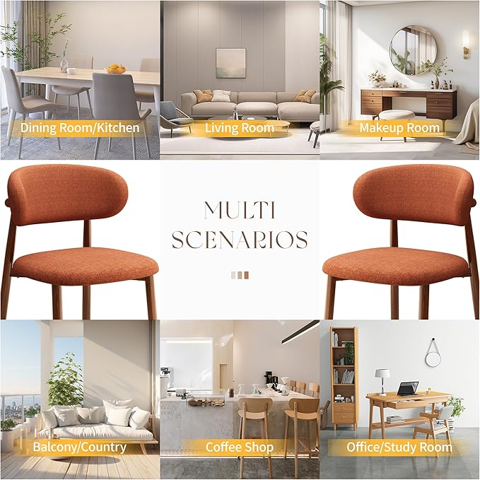 Kitchen Dining Chairs Set of 4 Modern Soft Linen Farmhouse Dining Room Chair with Metal Legs, Orange/Walnut