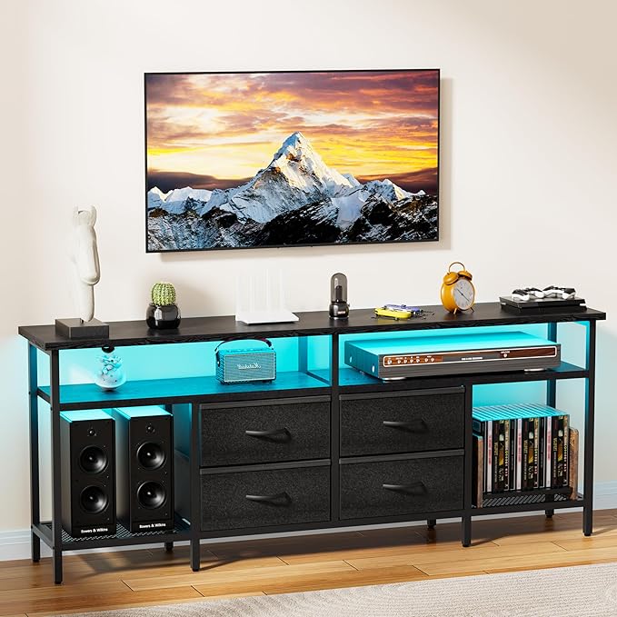 JUSTOGO TV Stand for 55/60/65/70 Inch TV, Modern Entertainment Center with LED Lights and Power Outlets, TV Stand with Drawers and Shelves, Media Console with Storage for Living Room Bedroom, Black