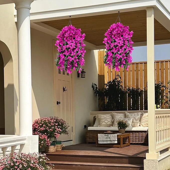 Artificial Bougainvillea Flowers for Outdoor Plant,4 pcs Faux Hanging Flowers Bougainvillea for Outside Decoration,Fake Silk UV Resistant Vines for Front Door Porch(Fuchsia)