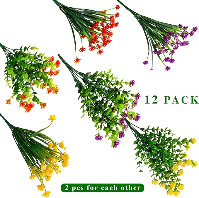 Artificial Flowers, UV Resistant Boxwood Shrubs for Christmas Outdoor Decor - No Maintenance Greenery Plants - Perfect for Hanging Planters, Weddings, and Farmhouse Decor (12, Mix-2)