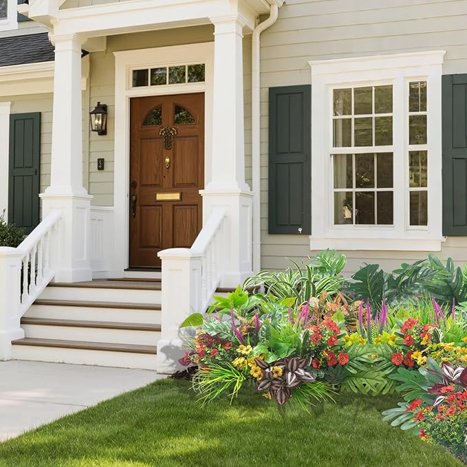 20PCS Fake Flowers UV Resistant Artificial Plants & Faux Shrubs - Outdoor Plastic Greenery Stems for Garden Porch, Window Box Planter, Home Decor(Pot Not Included)