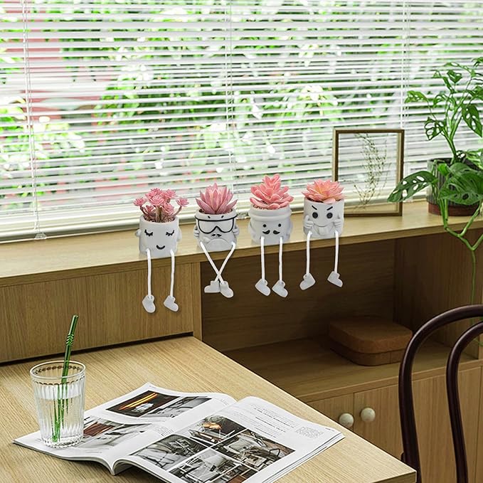 Set of 4 Artificial Potted Mini Succulent Plants - Small Fake Succulents in Hanging Leg Cement Pots, Desk/Bathroom/Bookshelf/Wall Decor for Home Office, Cute Office Decor for Women (Pink)