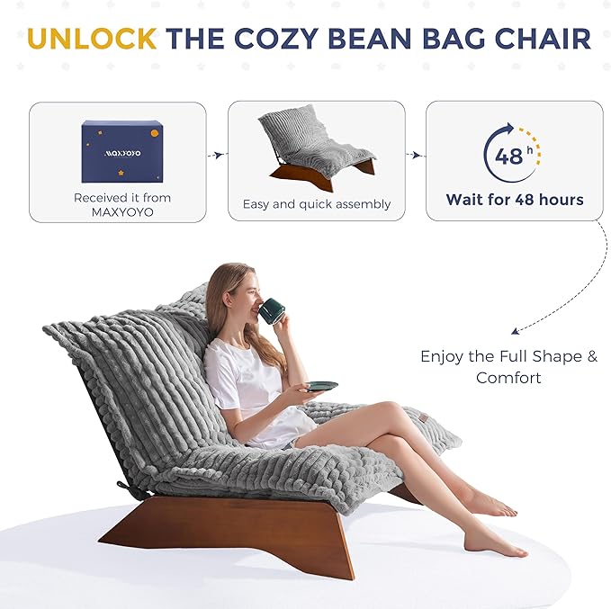 MAXYOYO Adjustable Living Room Chair, 3-Position Bean Bag Chair with Removable Cover, Upholstered Accent Chair with Frame, Soft Reclining Lounge for Bedroom, Apartment, Office, Grey