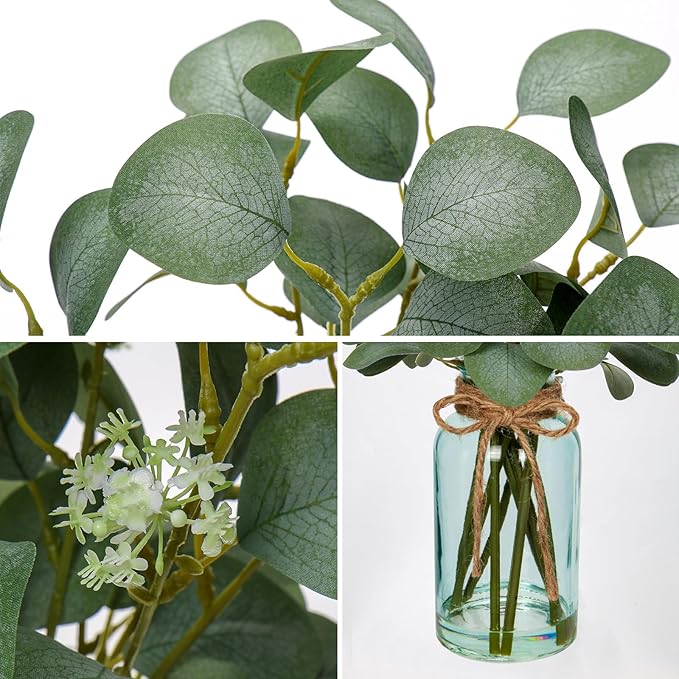Briful Artificial Eucalyptus Stems in Blue Glass Vase with Faux Water, 14" Fake Plant Eucalyptus Leaves for Home Farmhouse Wedding Centerpiece Bathroom Décor
