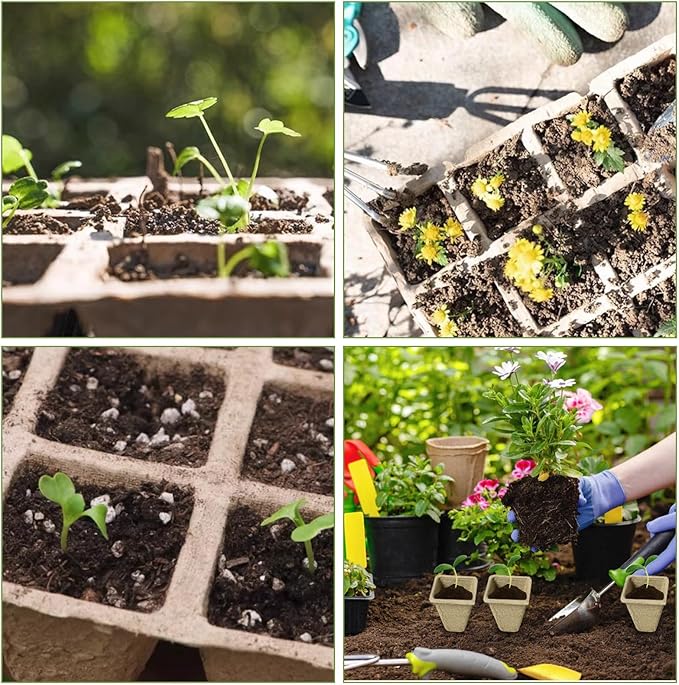 PINVNBY 288 Cells Seed Starter Tray 24 Packs Biodegradable Peat Pots for Seedlings Disposable Seedling Starter Trays with 24 Labels and 2 Transplant Tools for Indoor Outdoor Garden