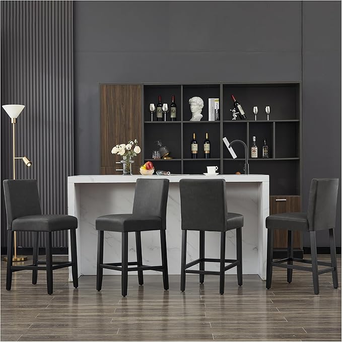 26'' Faux Leather Bar Stools, Modern Upholstered Bar Height Bar Chairs, Soild Wood Legs Barstools with Back, Black
