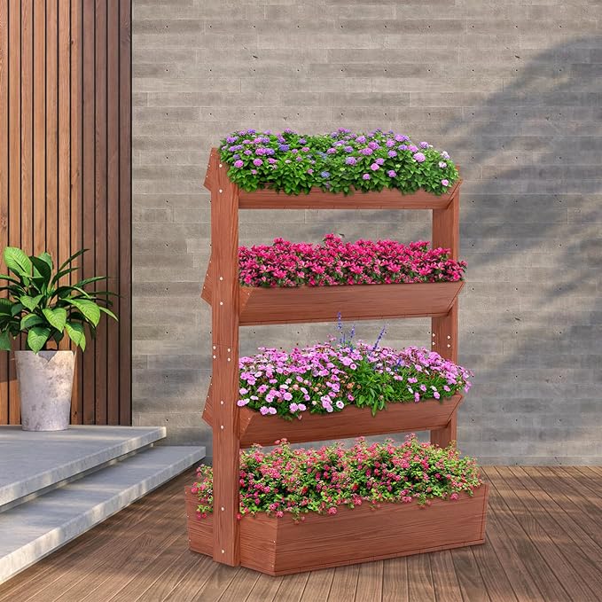 DoCred Vertical Wooden Raised Garden Bed, 4 Tier Garden Planters Freestanding Wood Plant Stand Flower Rack Wooden Planter Box for Plants Herbs Flowers Vegetables Outdoor Indoor Gardening