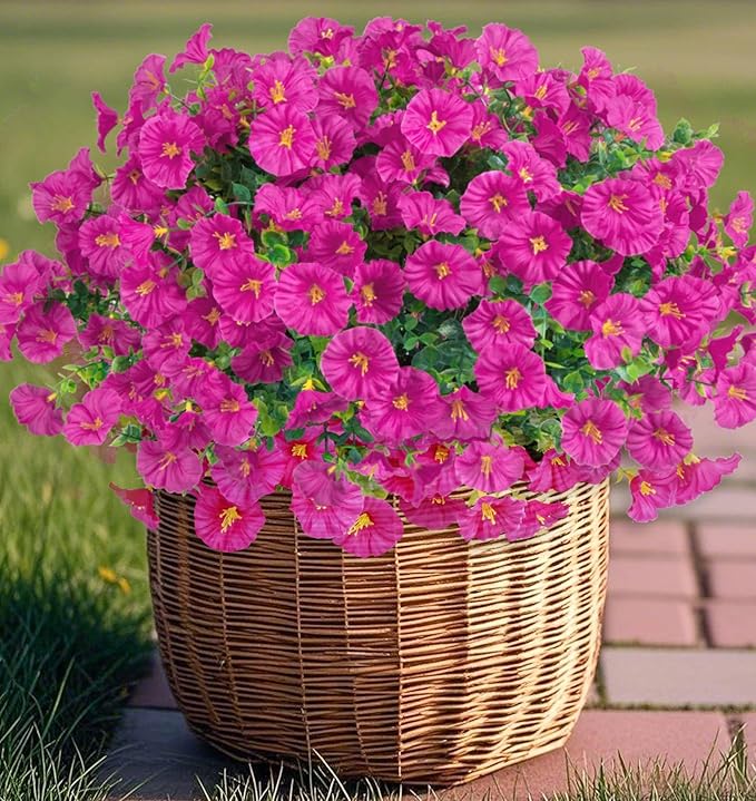 Ouddy Decor 24 Bundles Artificial Flowers for Outdoors Decoration Fake Silk Morning Glory Flowers Faux Eucalyptus Plants UV Resistant for Porch Patio Garden Spring Summer Home Decor, Fuchsia