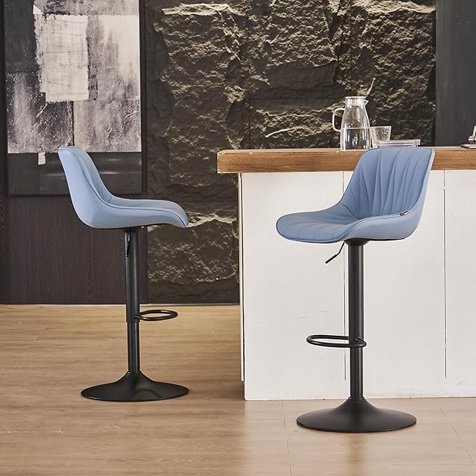 YOUNIKE Bar Stools Set of 2 for Kitchen Island, Blue Faux Leather Padded Counter Height Stools, Adjustable Swivel Barstools with Back, Modern Tall Stools with 300LBS Support
