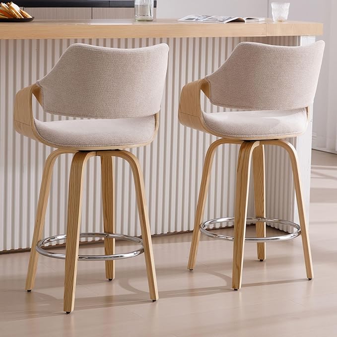 26’’ Modern Barrel Swivel Counter Stools Counter Height Swivel Bar Stools with Backs Set of 2, Beige Chenille Upholstered Bar Height Island Chairs, Farmhouse Solid Wood Barstools for Kitchen Island