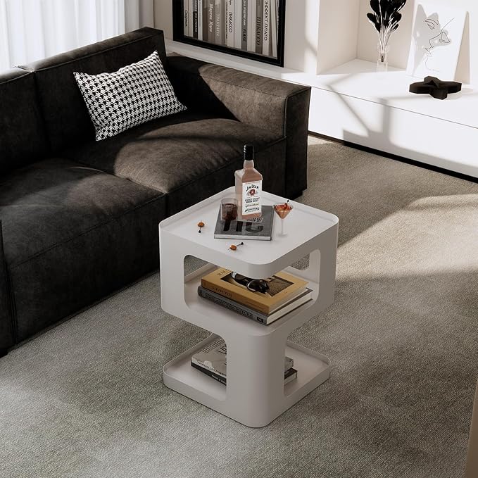 Modern Side Table,White end Table,Unique nightstand,Bedside Table,Metal 3-Tier Night Stand with Storage,Accent Side Table for Couch,Bedroom,Living Room.No Assembly Required.
