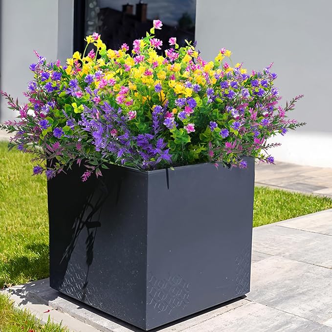 Hananona 24 Pcs Bundles Artificial Flowers Outdoor, Faux Artificial Plants Shrubs Plastic Flower Bulk for Hanging Planter Porch Window Home Wedding Fall Summer Decor (24, Multiple Color)