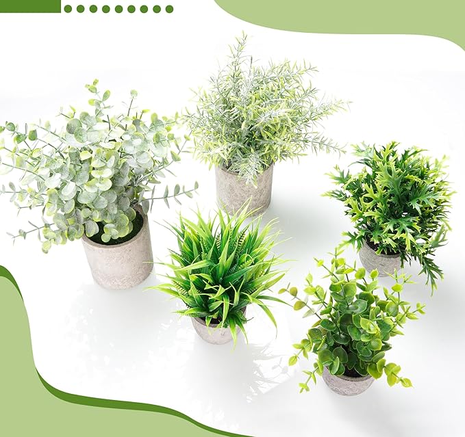 Fake Plants,5Pack Mini Potted Artificial Plant Small Faux Plant Indoor Outdoor for Home Decor,Eucalyptus Greenery Plastic Fake Green Grass Plants for Office Bathroom Shelf Farmhouse Coffee Table Decor