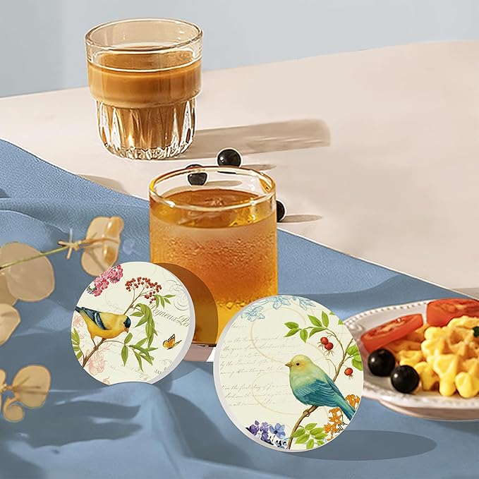 Coaster for Drinks Set of 6, Vintage Watercolor Bird Flower Absorbing Round Ceramic Stone Coaster with Cork Base,Tabletop Protection Mat for Mugs and Cups,Coffee Table Wine Glass Home Bar 4 Inch