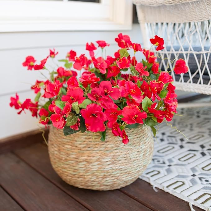 Fake Hibiscus Artificial Flowers for Outdoors Spring Summer Decoration, 6 Bundles Silk Red Hibiscus Flowers Bouquet UV Resistant Look Real Faux Plants for Outside Planter Front Door Porch Balcony Yard