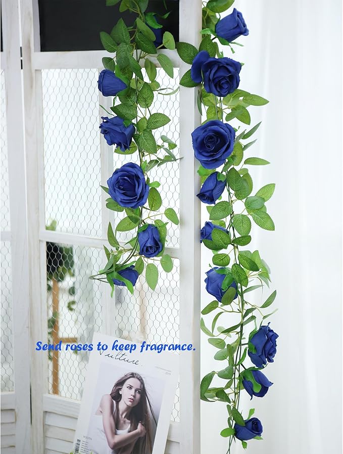 Felice Arts 2 Pack Royal Blue Artificial Floral Garland Each 6.5FT Fake Rose Vine Hanging Rose Garland for Wedding Flowers Table Centerpiece Arrangement Room Baby Shower Teepee Mirror Decor