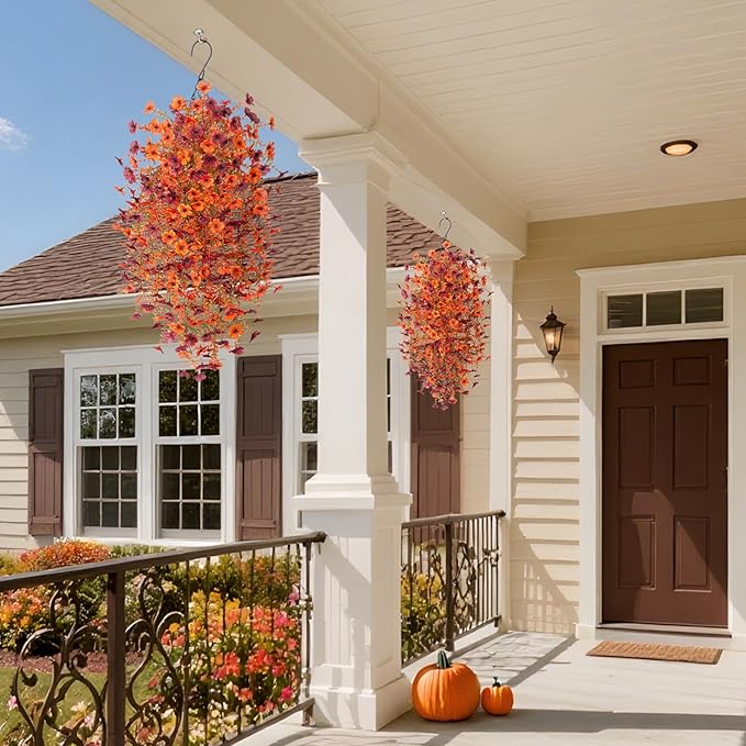 Fake Mums Artificial Fall Hanging Flowers for Outdoors Decoration 2 PCS Faux Mums for Outdoor Planters Fake Plants Look Real Daisy Flower No Fade Autumn Decor for Porch Home Patio Balcony and Yard