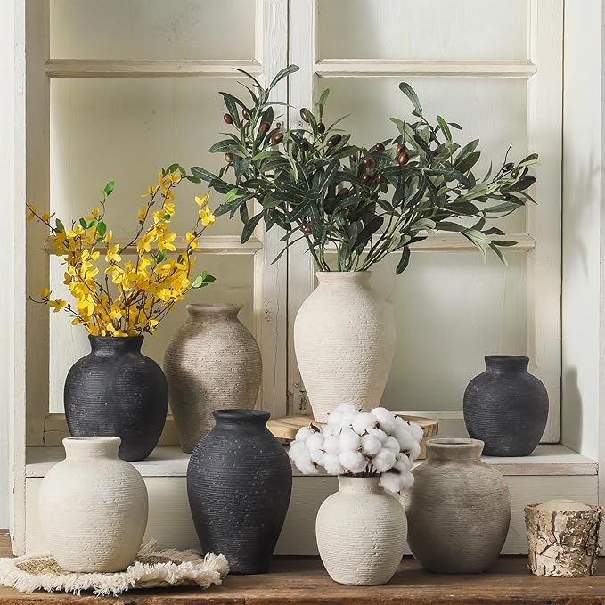 Ceramic Flower Vase Home Decor - Farmhouse Table Vases Rustic Vintage Living Room Kitchen Bedroom Decorations for House Book Shelf Office Coffee Desk Dining Fireplace (7.4" Retro)