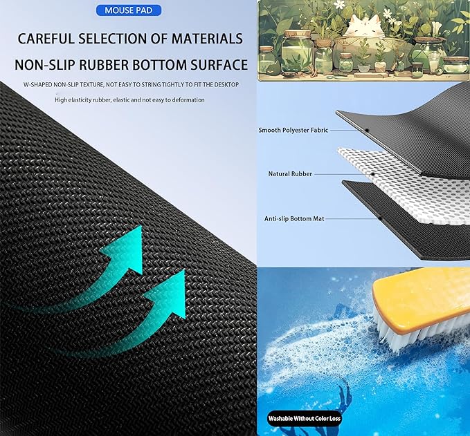 Cute Kawaii White Cat Anime Green Plant Leaves Desk Mat Large Mouse Pad Gaming Desk Pad, XL Extended Mousepad Desk Accessories for Women Office Decor Long Laptop Keyboard Mouse Mat 31.5x11.8 in