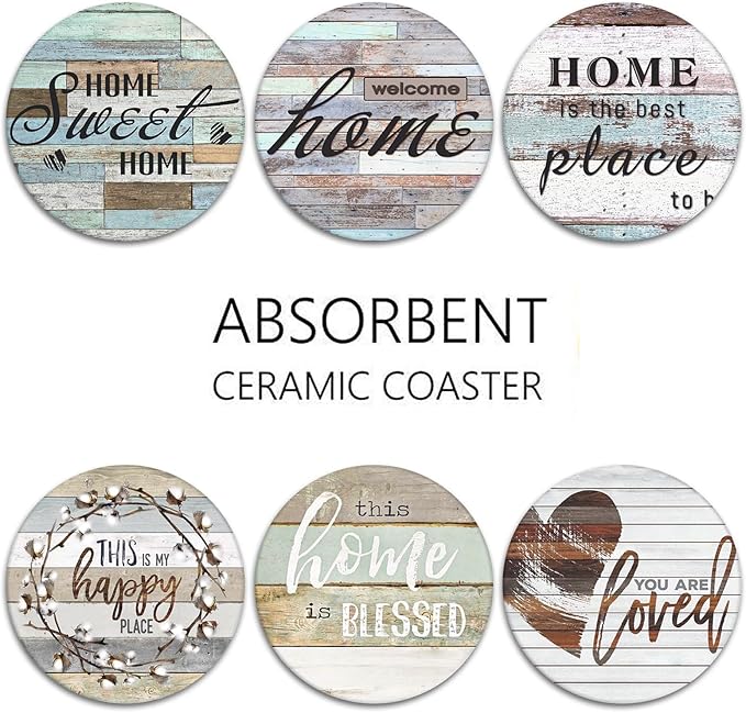 Britimes Coaster for Drinks Set of 6, Worn Wood Absorbent Round Ceramic Stone Mat, with Cork Base and Metal Holder, Gift for Housewarming Room Bar Decor